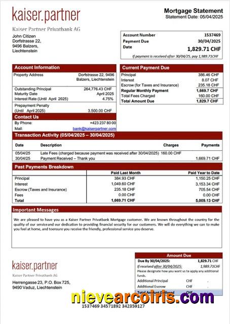 Realistic Liechtenstein Kaiser Partner Privatbank Mortgage Statement Word And PDF Template