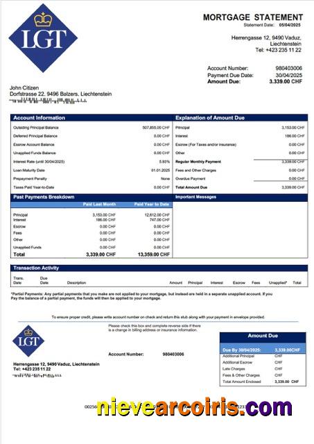 Editable Liechtenstein LGT Bank Mortgage Statement Word And PDF Template