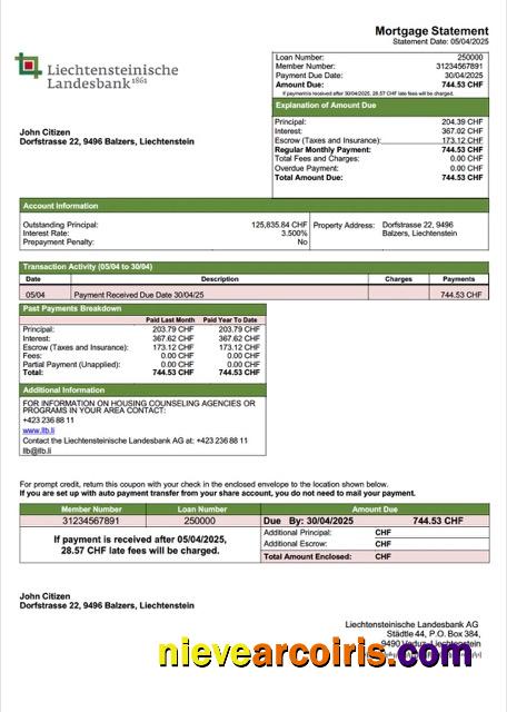 Realistic Liechtenstein Liechtensteinische Landesbank AG Mortgage Statement Word And PDF Template