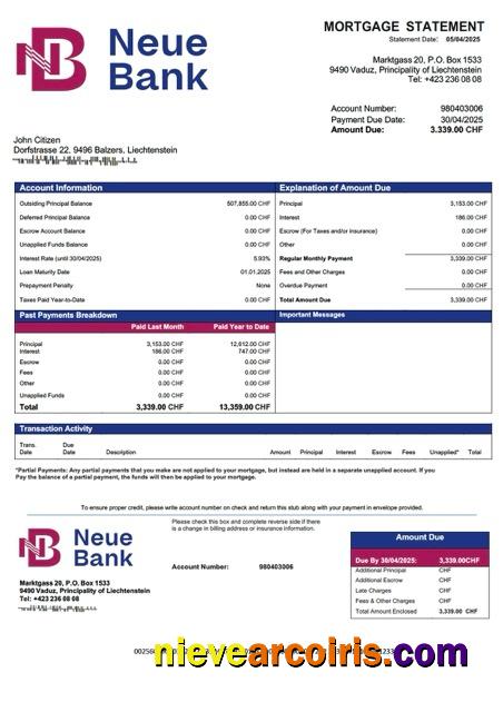 Professional Liechtenstein Neue Bank Mortgage Statement Word And PDF Template