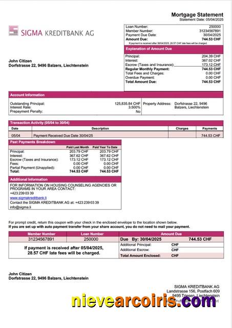 Realistic Liechtenstein SIGMA KREDITBANK AG Mortgage Statement Word And PDF Template