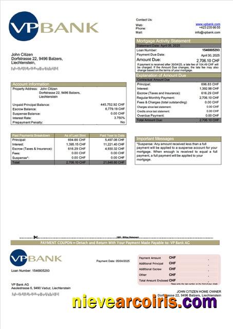 Realistic Liechtenstein VP Bank AG Mortgage Statement Word And PDF Template