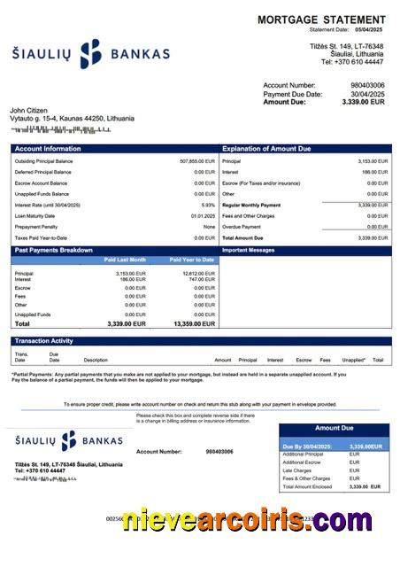Professional Lithuania AB Šiaulių Bankas Mortgage Statement Word And PDF Template
