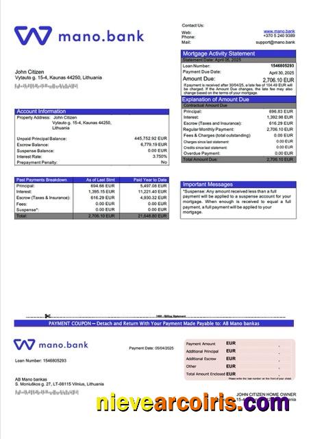 Editable Lithuania AB Mano Bankas Mortgage Statement Word And PDF Template