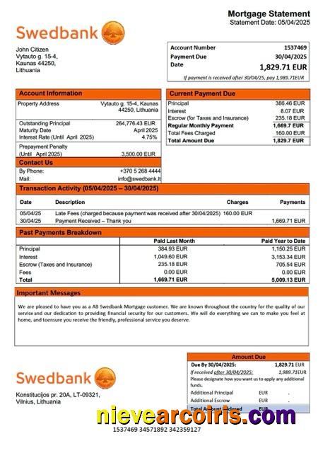 Realistic Lithuania AB Swedbank Mortgage Statement Word And PDF Template