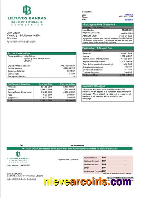 Professional Lithuania Bank Of Lithuania Mortgage Statement Word And PDF Template