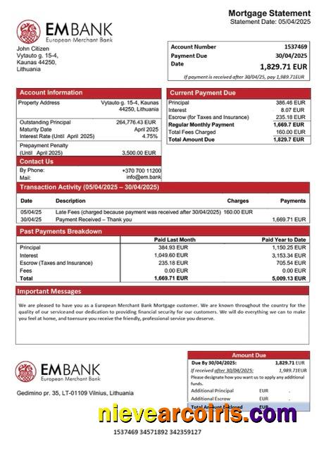 Editable Lithuania European Merchant Bank Mortgage Statement Word And PDF Template