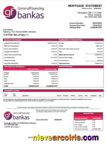 Premium Lithuania UAB GF Bankas Mortgage Statement Word And PDF Template