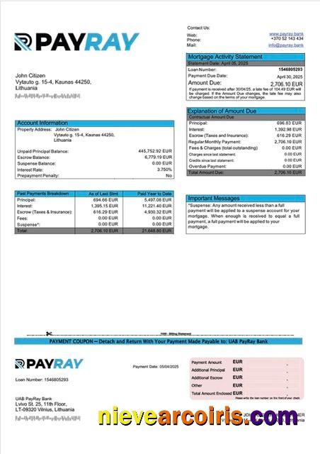 Professional Lithuania UAB PayRay Bank Mortgage Statement Word And PDF Template