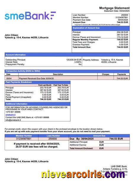 Premium Lithuania UAB SME Bank Mortgage Statement Word And PDF Template