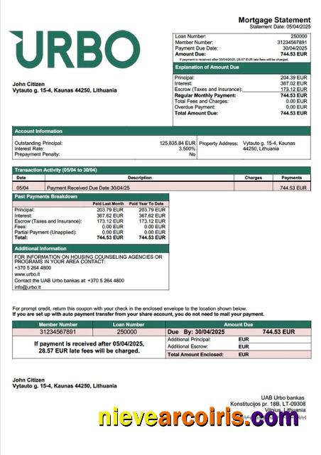 Professional Lithuania UAB Urbo Bankas Mortgage Statement Word And PDF Template