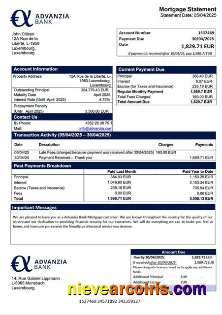 Realistic Luxembourg Advanzia Bank Mortgage Statement Word And PDF Template