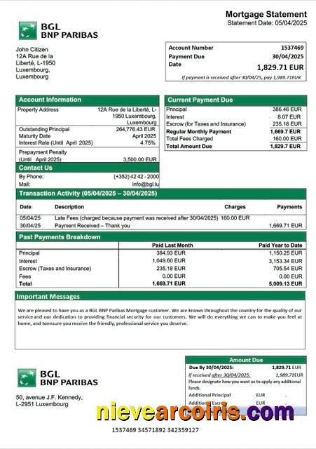 Professional Luxembourg BGL BNP Paribas Mortgage Statement Word And PDF Template