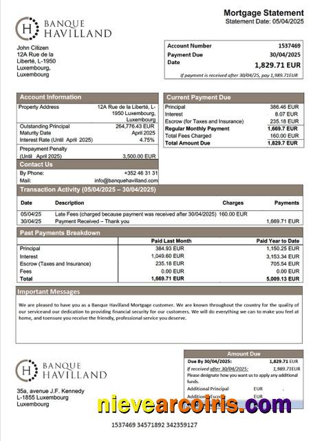 Realistic Luxembourg Banque Havilland Mortgage Statement Word And PDF Template