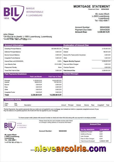 Realistic Luxembourg Banque Internationale À Luxembourg Mortgage Statement Word And PDF Template