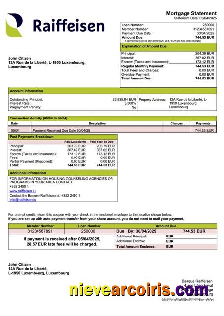Editable Luxembourg Banque Raiffeisen Mortgage Statement Word And PDF Template