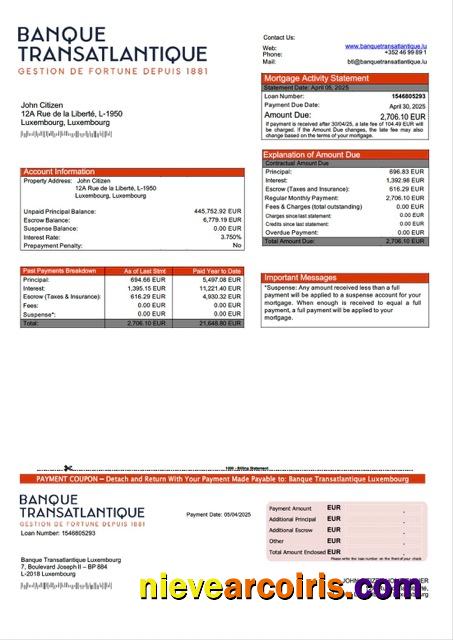 Premium Luxembourg Banque Transatlantique Luxembourg Mortgage Statement Word And PDF Template