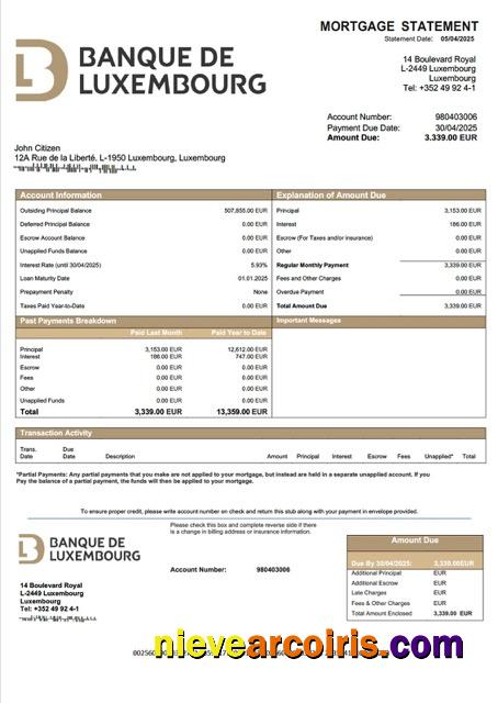 Professional Luxembourg Banque De Luxembourg Mortgage Statement Word And PDF Template