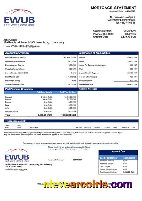 Premium Luxembourg East West United Bank Mortgage Statement Word And PDF Template