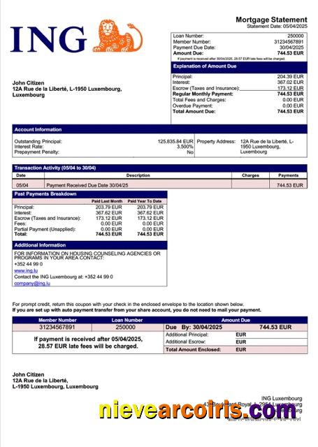 Professional Luxembourg ING Luxembourg Mortgage Statement Word And PDF Template