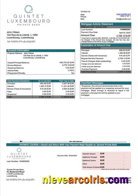 Realistic Luxembourg Quintet Private Bank Mortgage Statement Word And PDF Template