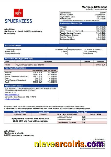 Realistic Luxembourg Spuerkeess Bank Mortgage Statement Word And PDF Template
