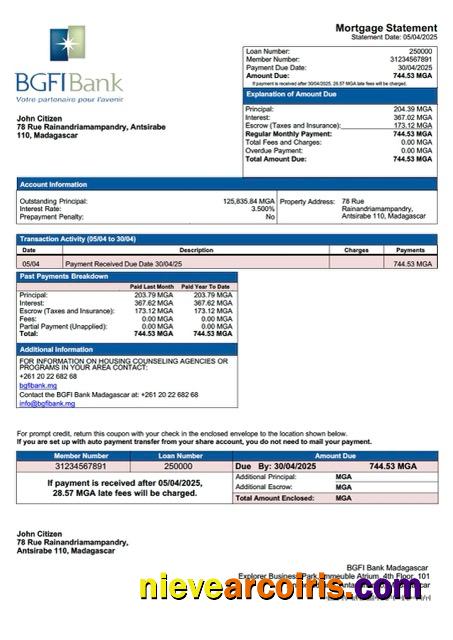 Professional Madagascar BGFI Bank Madagascar Mortgage Statement Word And PDF Template