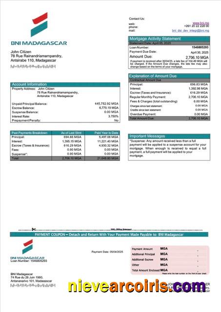 Professional Madagascar BNI Madagascar Mortgage Statement Word And PDF Template
