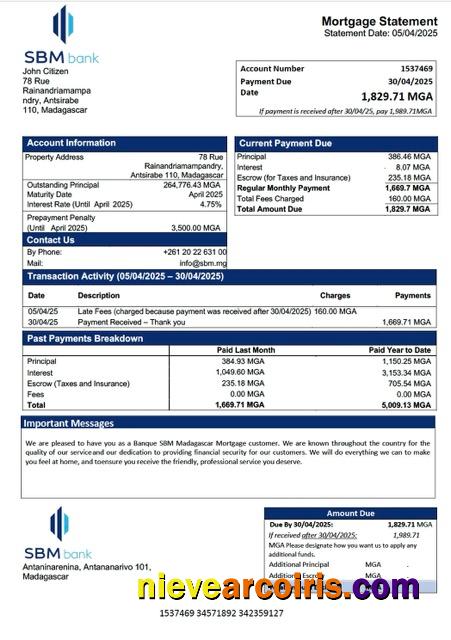 Realistic Madagascar Banque SBM Madagascar Mortgage Statement Word And PDF Template