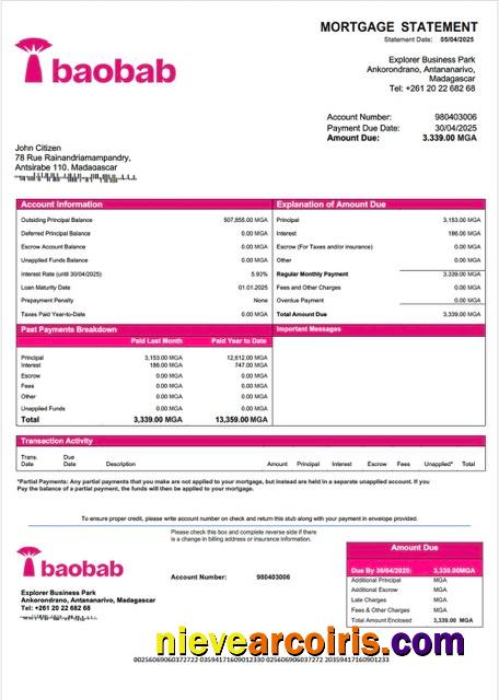 Professional Madagascar Baobab Banque Madagascar Mortgage Statement Word And PDF Template