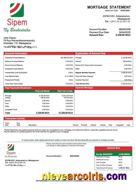 Premium Madagascar SIPEM Banque Mortgage Statement Word And PDF Template