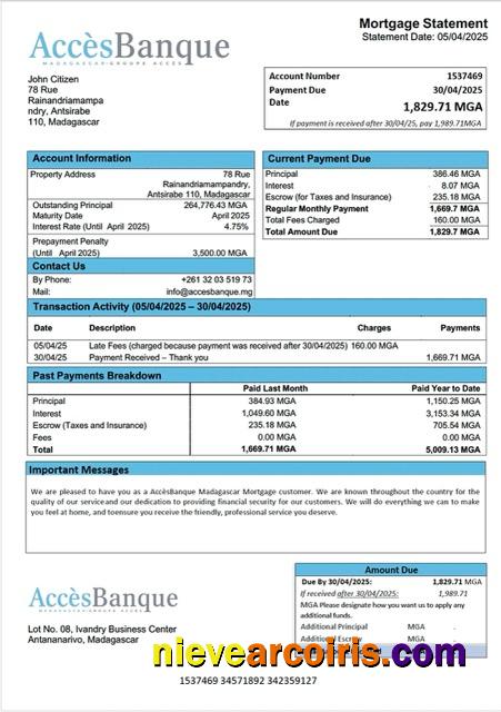 Professional Madagascar AccèsBanque Madagascar Mortgage Statement Word And PDF Template