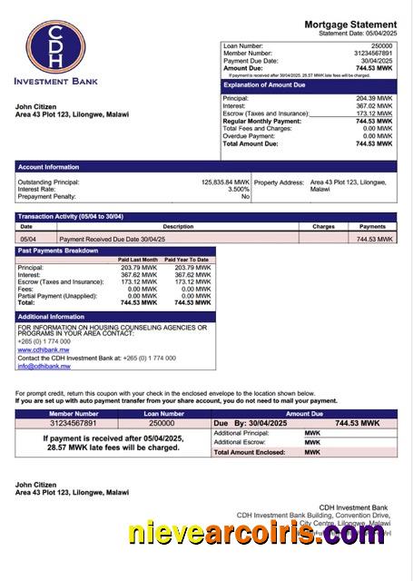 Premium Malawi CDH Investment Bank Mortgage Statement Word And PDF Template