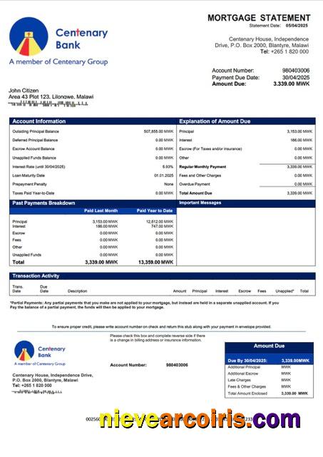 Realistic Malawi Centenary Bank Malawi Mortgage Statement Word And PDF Template