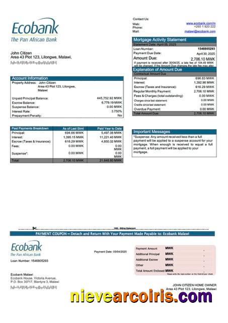 Realistic Malawi Ecobank Malawi Mortgage Statement Word And PDF Template