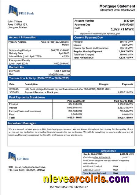 Premium Malawi FDH Bank Mortgage Statement Word And PDF Template