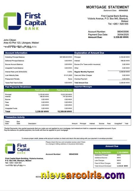 Premium Malawi First Capital Bank Malawi Mortgage Statement Word And PDF Template