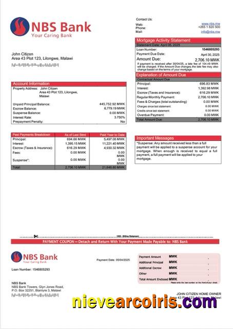 Editable Malawi NBS Bank Mortgage Statement Word And PDF Template