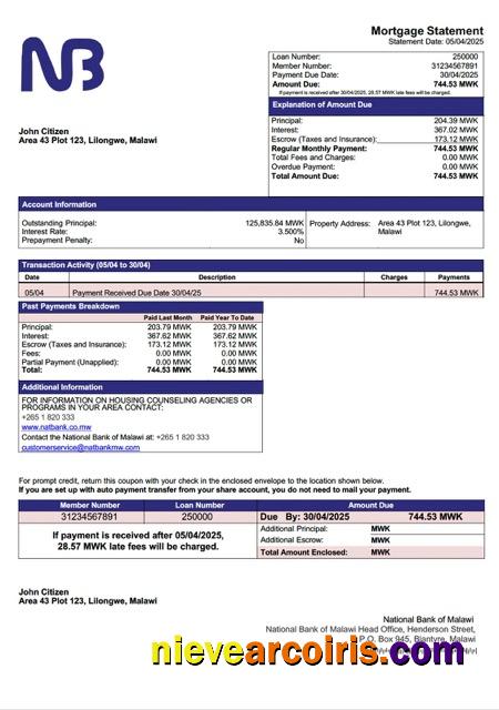 Premium Malawi National Bank Of Malawi Mortgage Statement Word And PDF Template