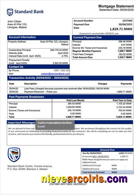 Professional Malawi Standard Bank Malawi Mortgage Statement Word And PDF Template