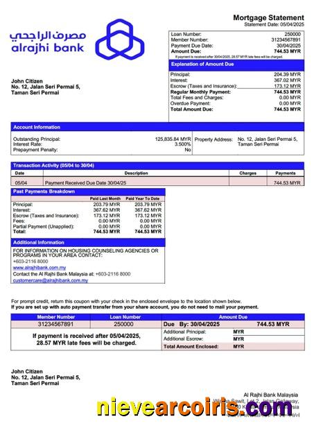 Realistic Malaysia Al Rajhi Bank Malaysia Mortgage Statement Word And PDF Template