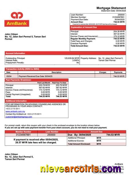 Realistic Malaysia AmBank Mortgage Statement Word And PDF Template