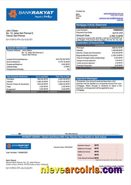 Professional Malaysia Bank Rakyat Mortgage Statement Word And PDF Template