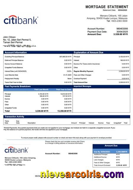 Editable Malaysia Citibank Malaysia Mortgage Statement Word And PDF Template