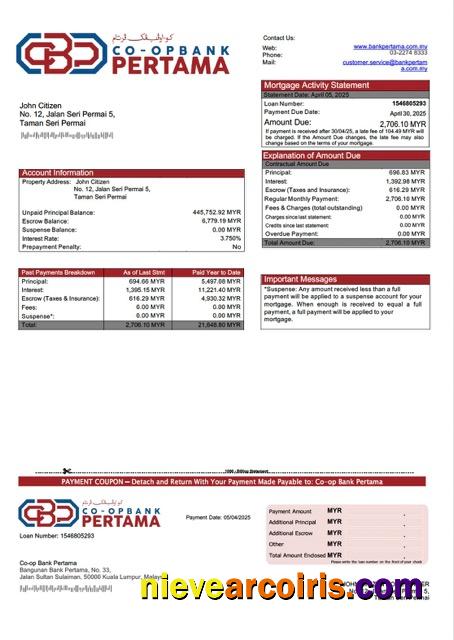 Realistic Malaysia Co Op Bank Pertama Mortgage Statement Word And PDF Template
