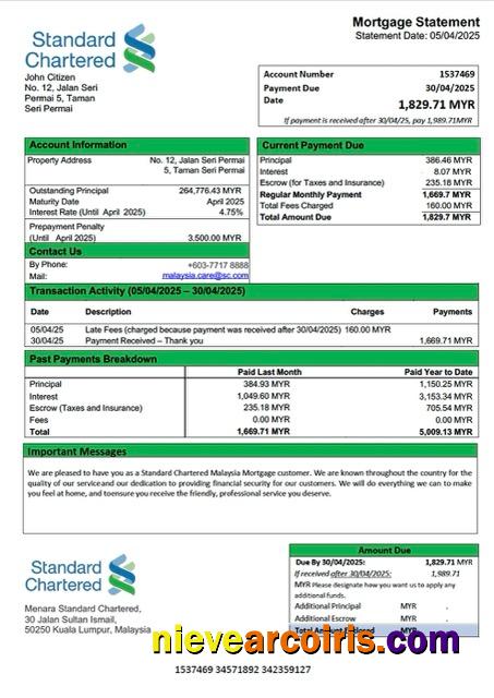 Editable Malaysia Standard Chartered Malaysia Mortgage Statement Word And PDF Template
