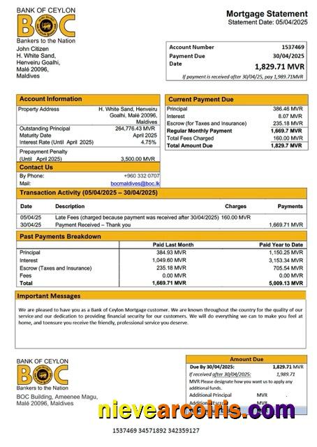 Realistic Maldives Bank Of Ceylon Mortgage Statement Word And PDF Template