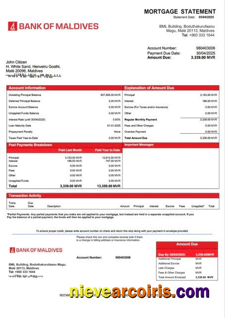 Editable Maldives Bank Of Maldives Mortgage Statement Word And PDF Template