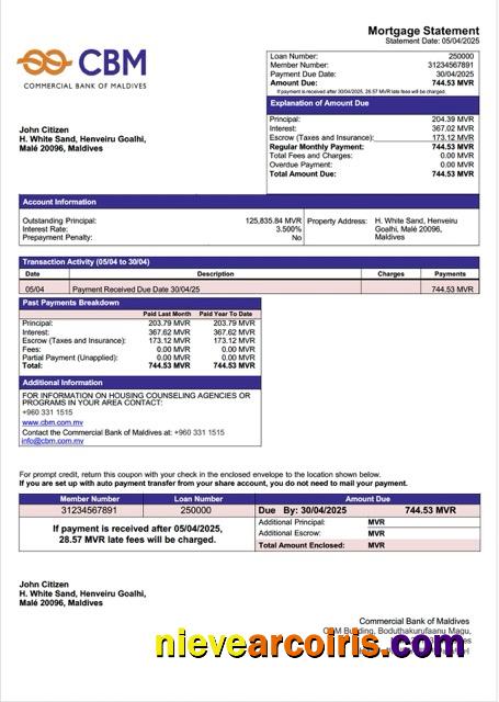 Professional Maldives Commercial Bank Of Maldives Mortgage Statement Word And PDF Template