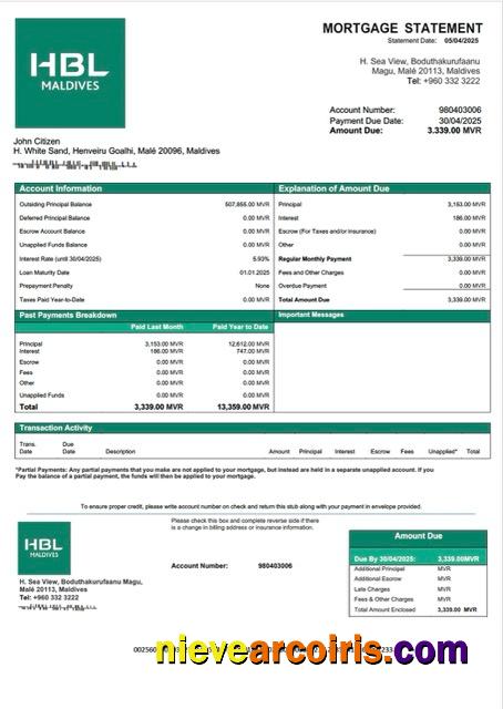 Realistic Maldives Habib Bank Limited (HBL) Mortgage Statement Word And PDF Template